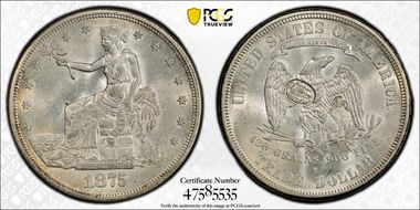 1875-S T$1 Type-I/II, Chopmarked MS62