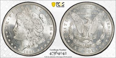 1884 $1 VAM 5, Doubled Ear MS63