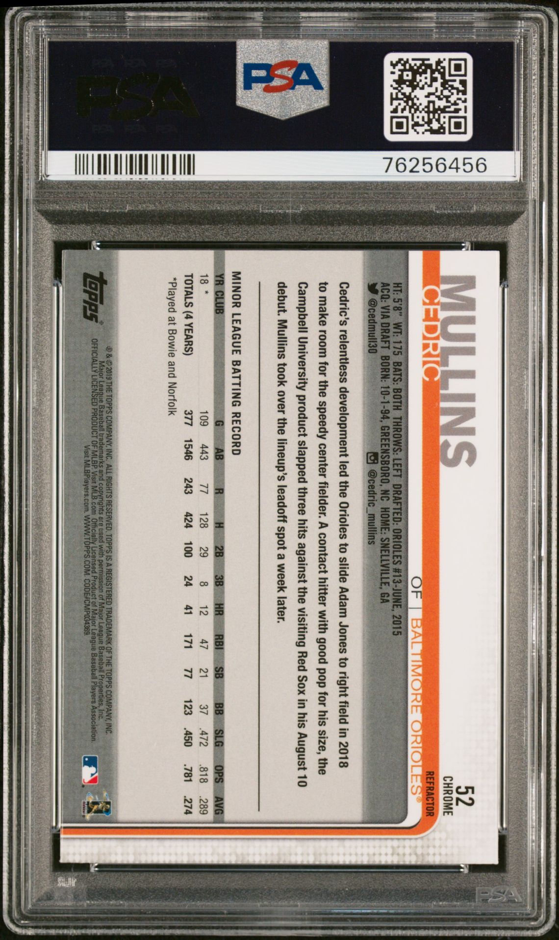2019 Topps Chrome Cedric Mullins #52 (Refractor) Gem Mt 10 back view - PSA certificate #76256456