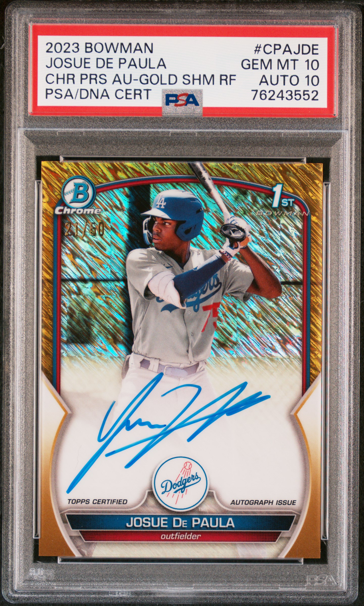 2023 Bowman Chrome Prospect Autographs Gold Shimmer Refractor #CPA-JDE Josue De Paula Signed Rookie Card (#21/50) – PSA GEM MT 10, PSA/DNA GEM MT 10