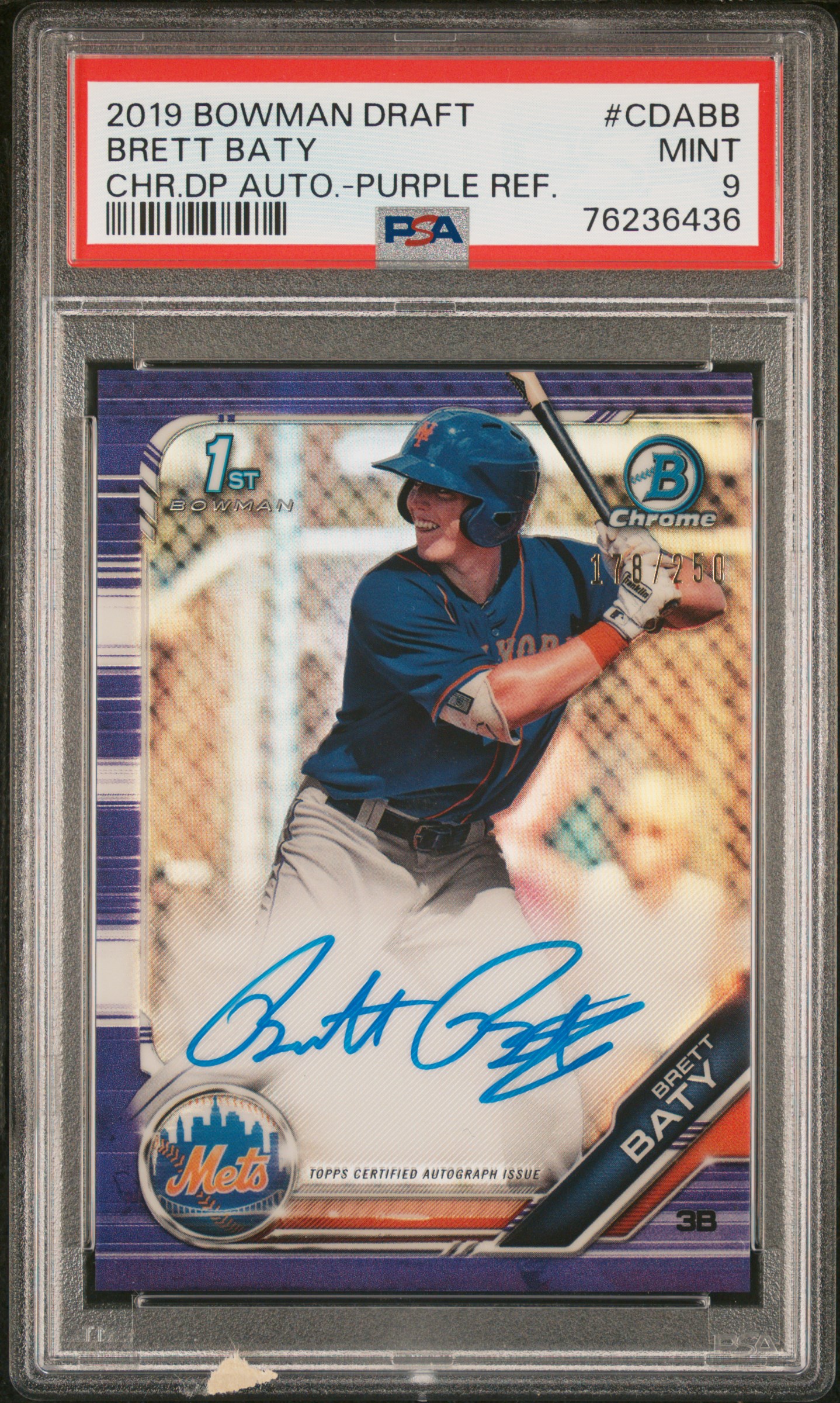 2019 Bowman Draft Chrome Draft Picks Autograph Purple Refractor #CDA-BB Brett Baty Signed Rookie Card (#178/250) – PSA MINT 9