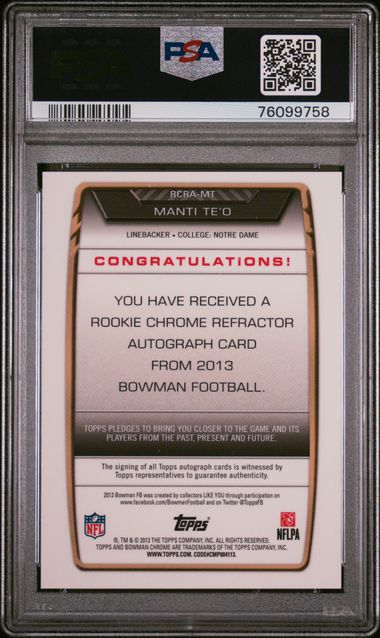2013 Bowman Chrome Rookie Autograph Manti Te'o #Mt (Rookie Auto-Orange Ref) Mint 9 back