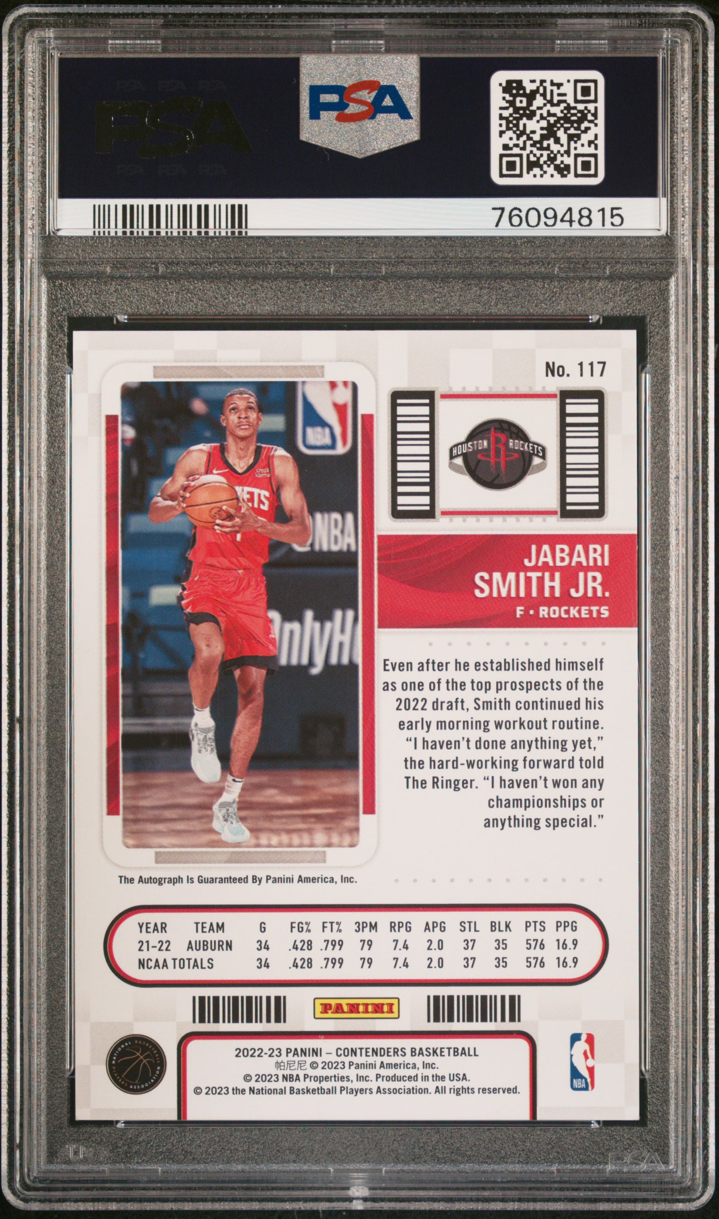 2022 Panini Contenders Jabari Smith Jr. #117 (Autograph-Playoff) Mint 9 back