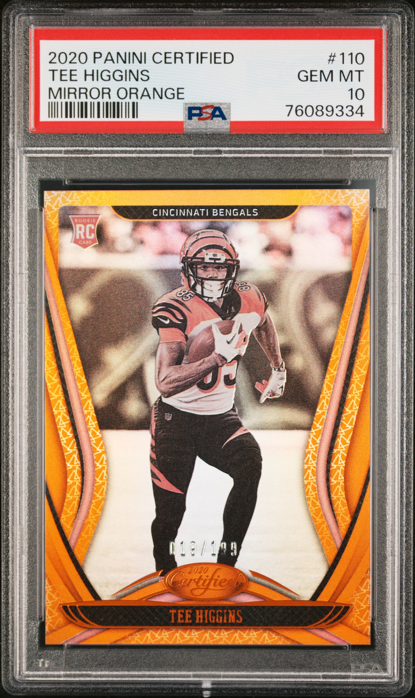 2020 Panini Certified Mirror Orange #110 Tee Higgins Rookie Card (#019/199) – PSA GEM MT 10