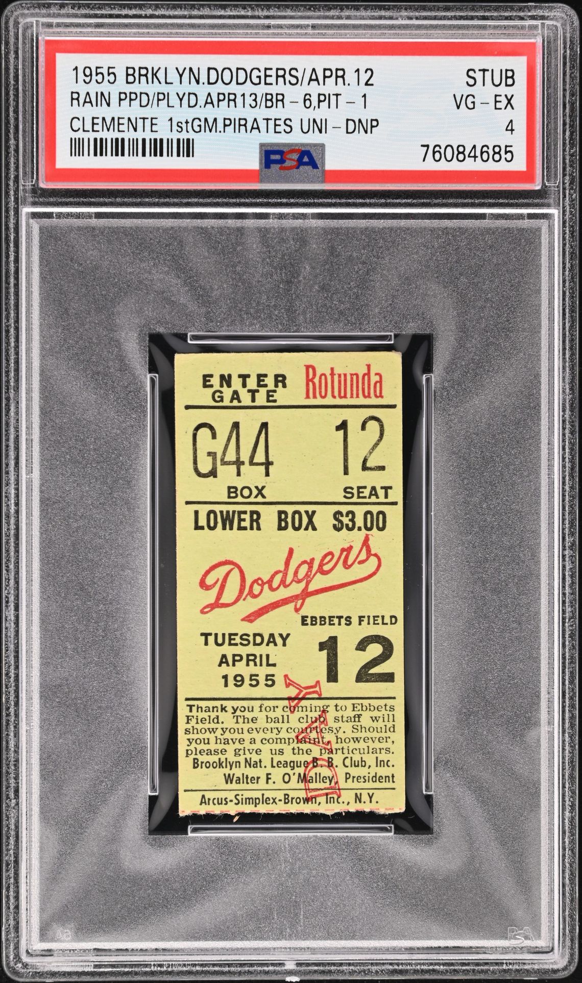 1955 Brooklyn Dodgers ticket stub sold as Roberto Clemente's first game in Pirates uniform, PSA VG-EX 4, cert 76084685