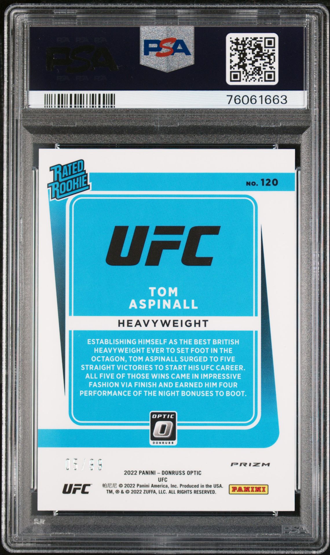 2022 Panini Donruss Optic Ufc Tom Aspinall #120 (Blue) Gem Mt 10 back