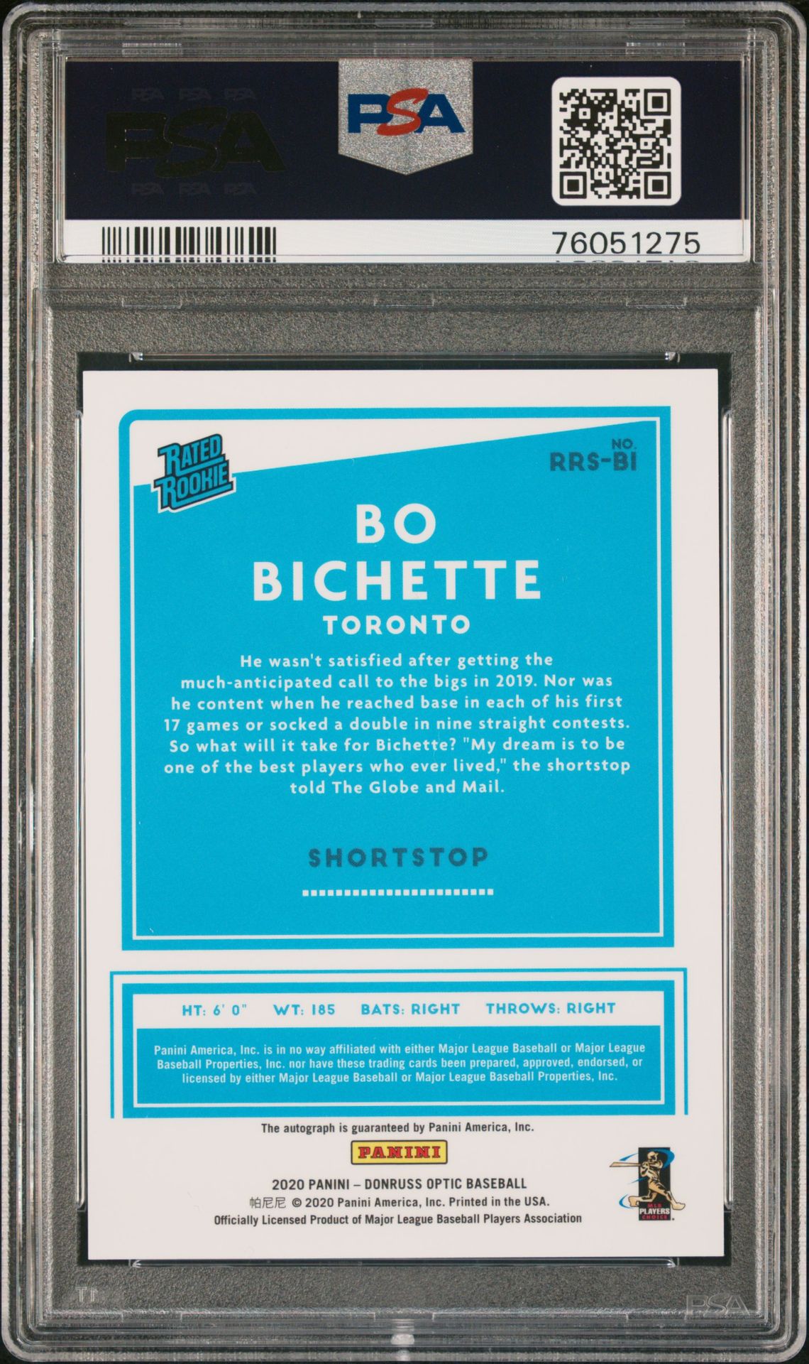 2020 Panini Donruss Optic Rated Rookies Signatures Bo Bichette #Rrsbi (Rated Rookies Signatures) Gem Mt 10 back