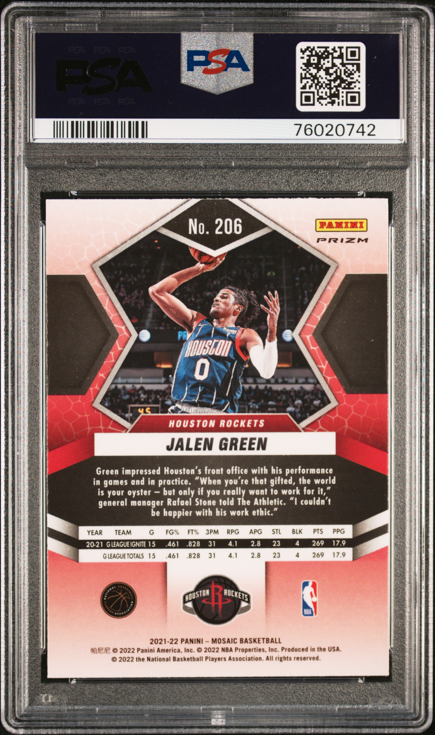 2021 Panini Mosaic Jalen Green #206 (Mosaic) Gem Mt 10 back