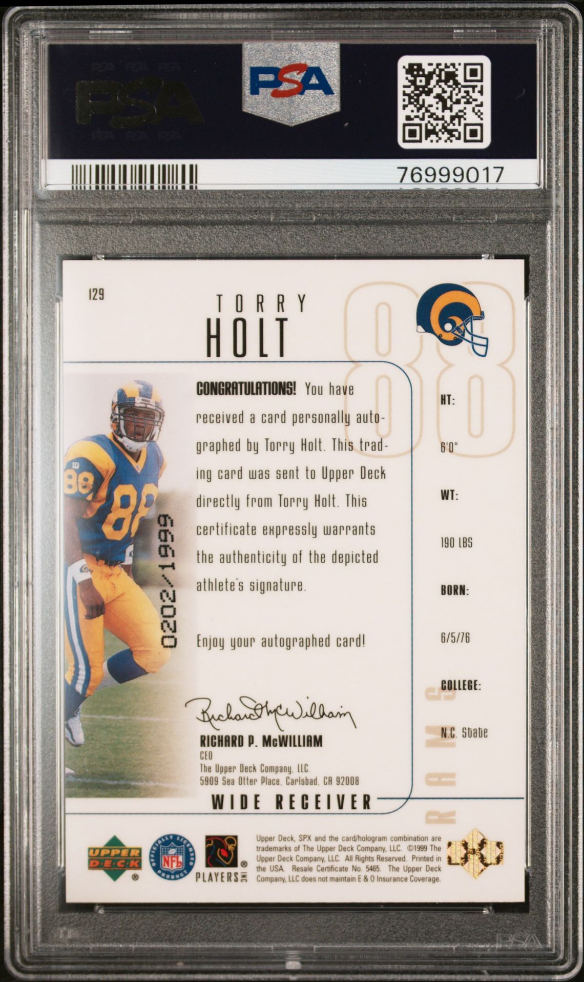 1999 Spx Torry Holt #129 (Autographed) Mint 9 back