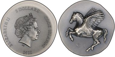 2022 $5 Pegasos Ag Antique Finish Ultra High Relief MS70