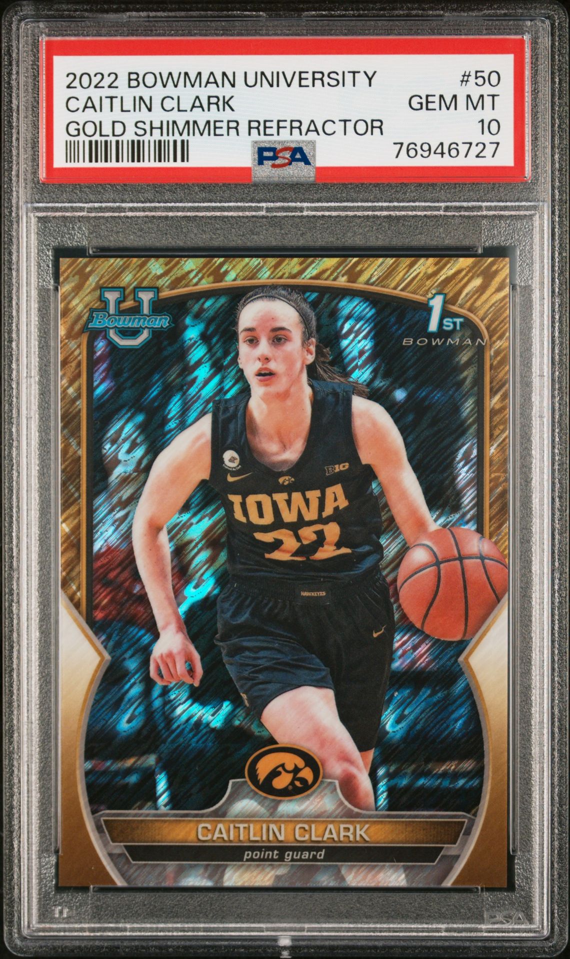 2022 Bowman Chrome BOWMAN CHROME UNIVERSITY GOLD SHIMMER REFRACTOR #50 Caitlin Clark front