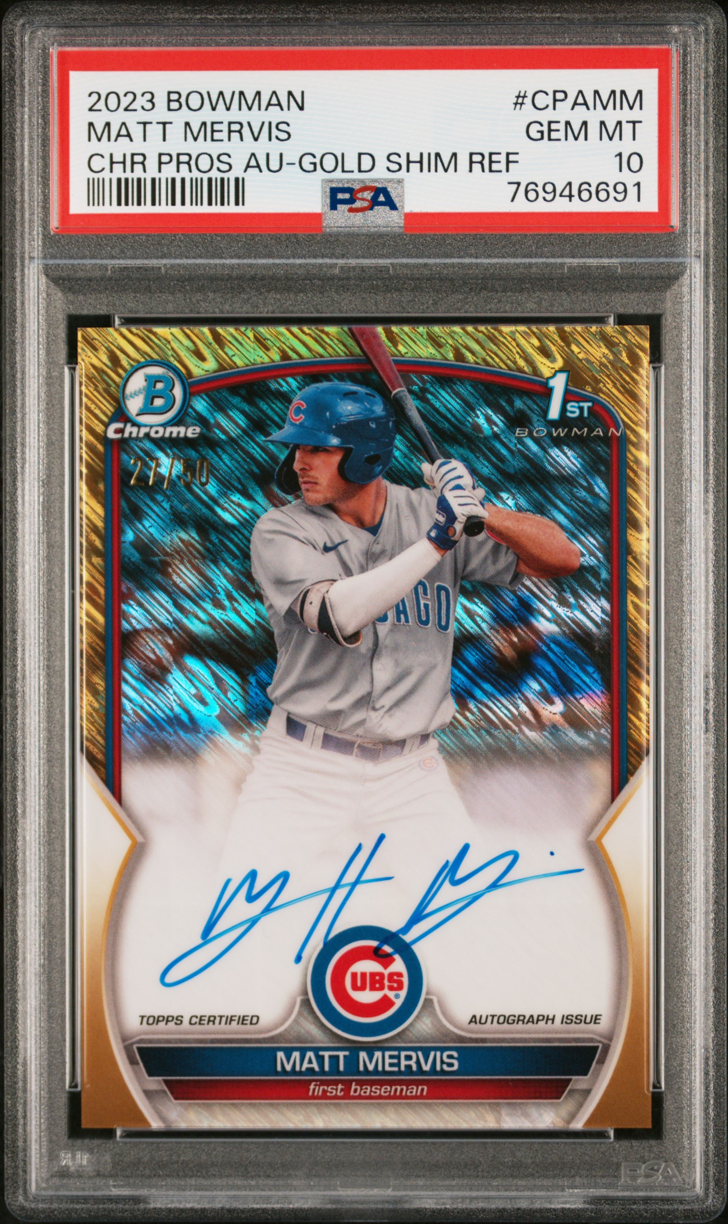 2023 Bowman Chrome Prospect Autographs Gold Shimmer Refractor #CPA-MM Matt Mervis Signed Rookie Card (#27/50) – PSA GEM MT 10