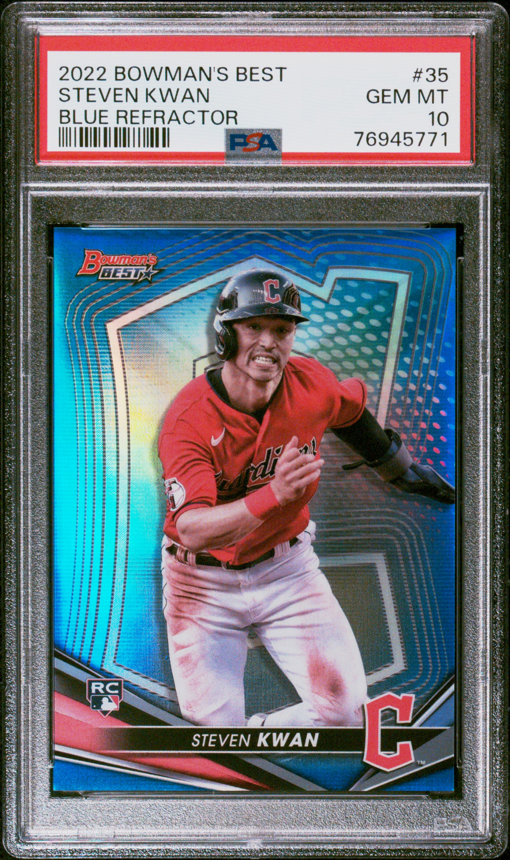 2022 Bowman's Best Blue Refractor #35 Steven Kwan Rookie Card (#141/150) – PSA GEM MT 10