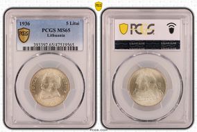 1936 5 Litai Jonas Basanavičius ↑↑ KM-82  Ag MS65