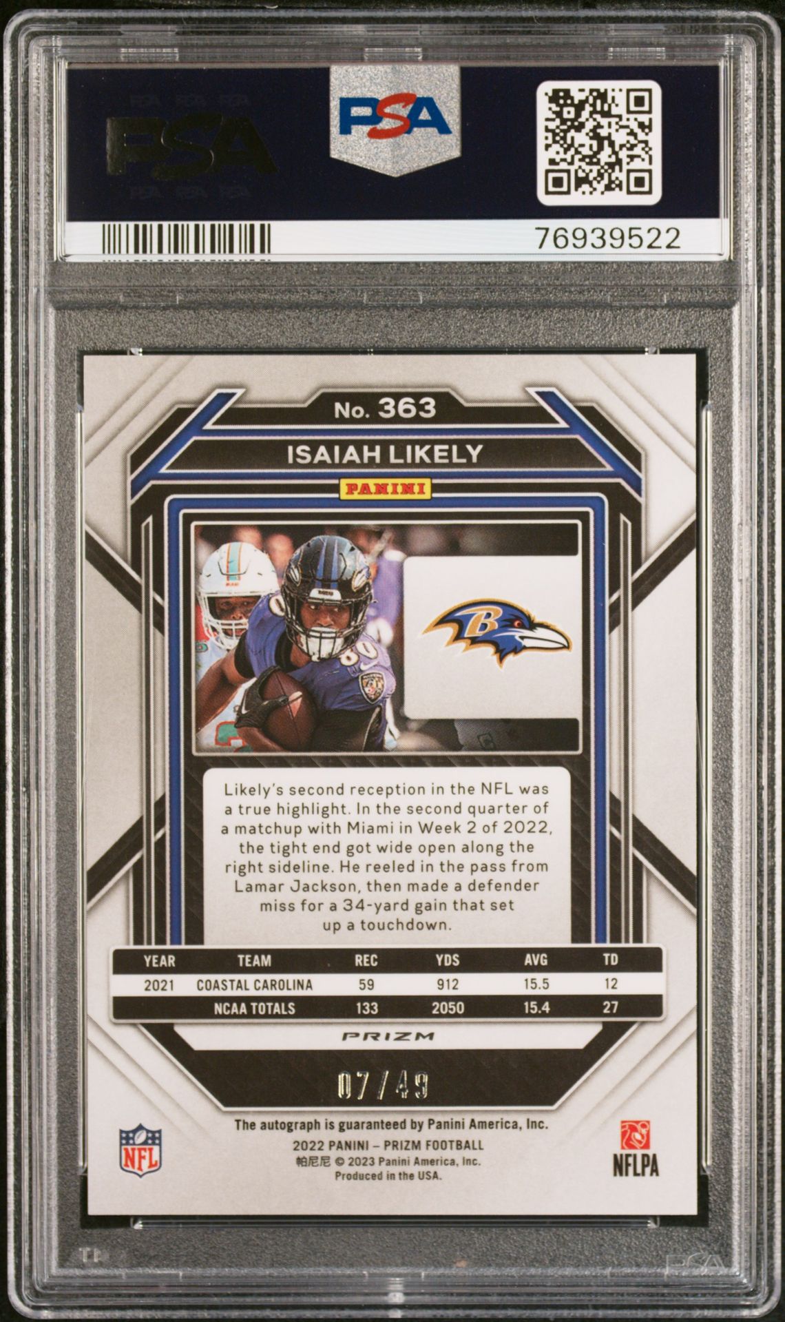 2022 Panini Prizm Isaiah Likely #363 (Autograph-Purple Power) Mint 9 back