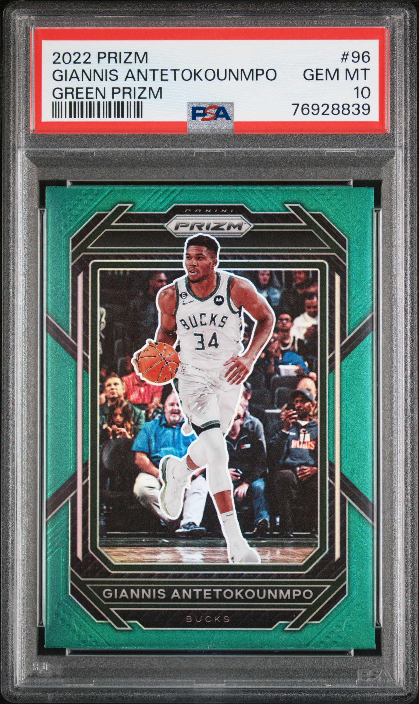 2022-23 Panini Prizm Green Prizm #96 Giannis Antetokounmpo – PSA GEM MT 10