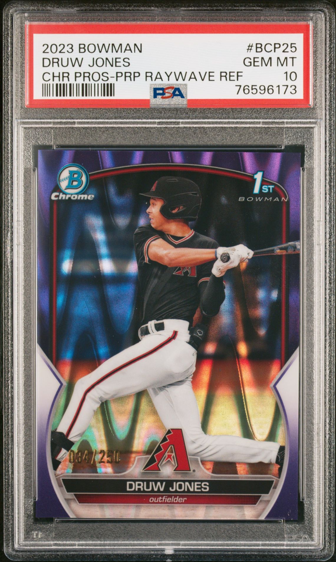 2023 Bowman BOWMAN CHROME PROSPECTS CHR PROS-PURPLE RAYWAVE #BCP25 Druw Jones front