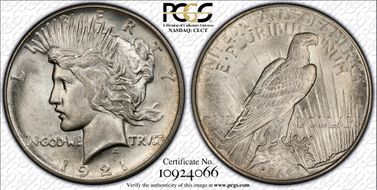 1921 $1 High Relief, Peace MS66