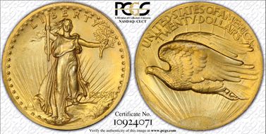 1907 $20 High Relief, Wire Edge MS64