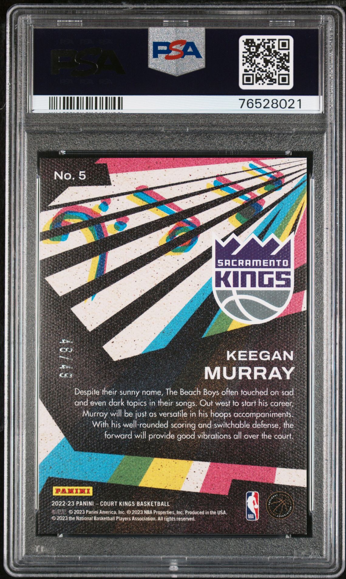 2022 Panini Court Kings Maestros Keegan Murray #5 (Maestros-Violet) Gem Mt 10 back
