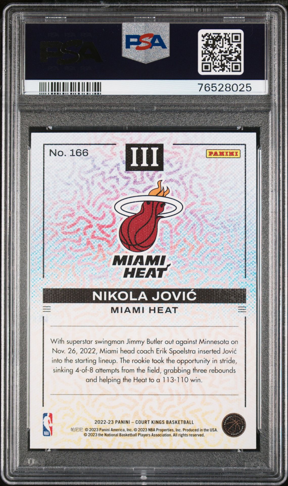 2022 Panini Court Kings Nikola Jovic #166 Gem Mt 10 back view - PSA certificate #76528025