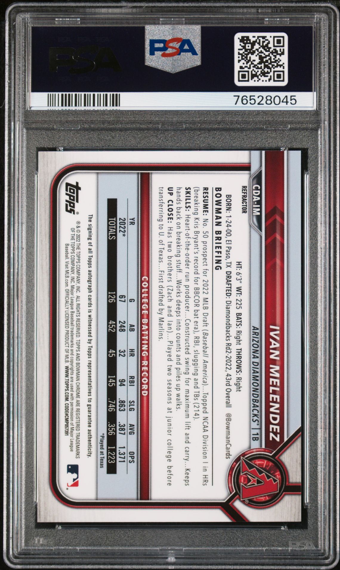 2022 Bowman Draft Chrome Draft Pick Autographs Ivan Melendez #Cdaim (Chrome Dp Auto-Refractor) Mint 9 back