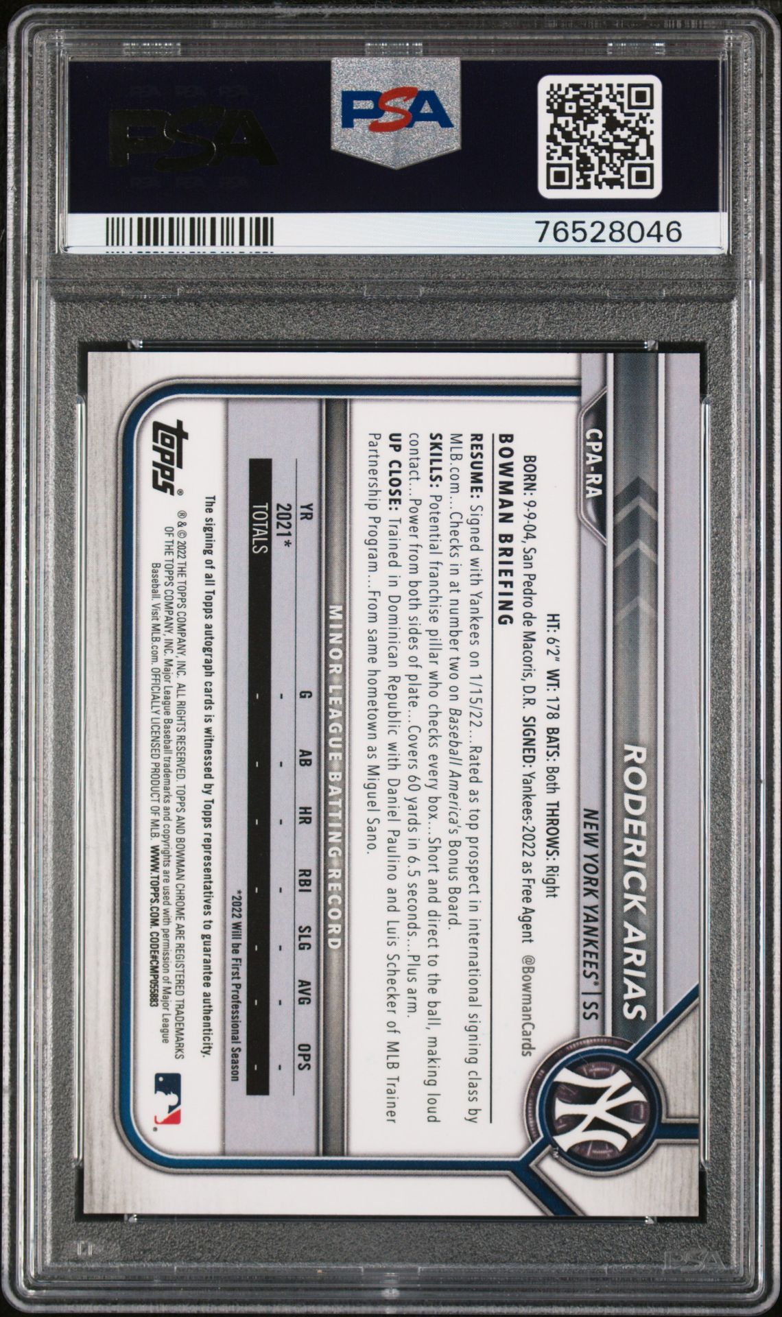 2022 Bowman Chrome Prospect Autographs Roderick Arias #Cpara (Prospect Autograph) Gem Mt 10 back