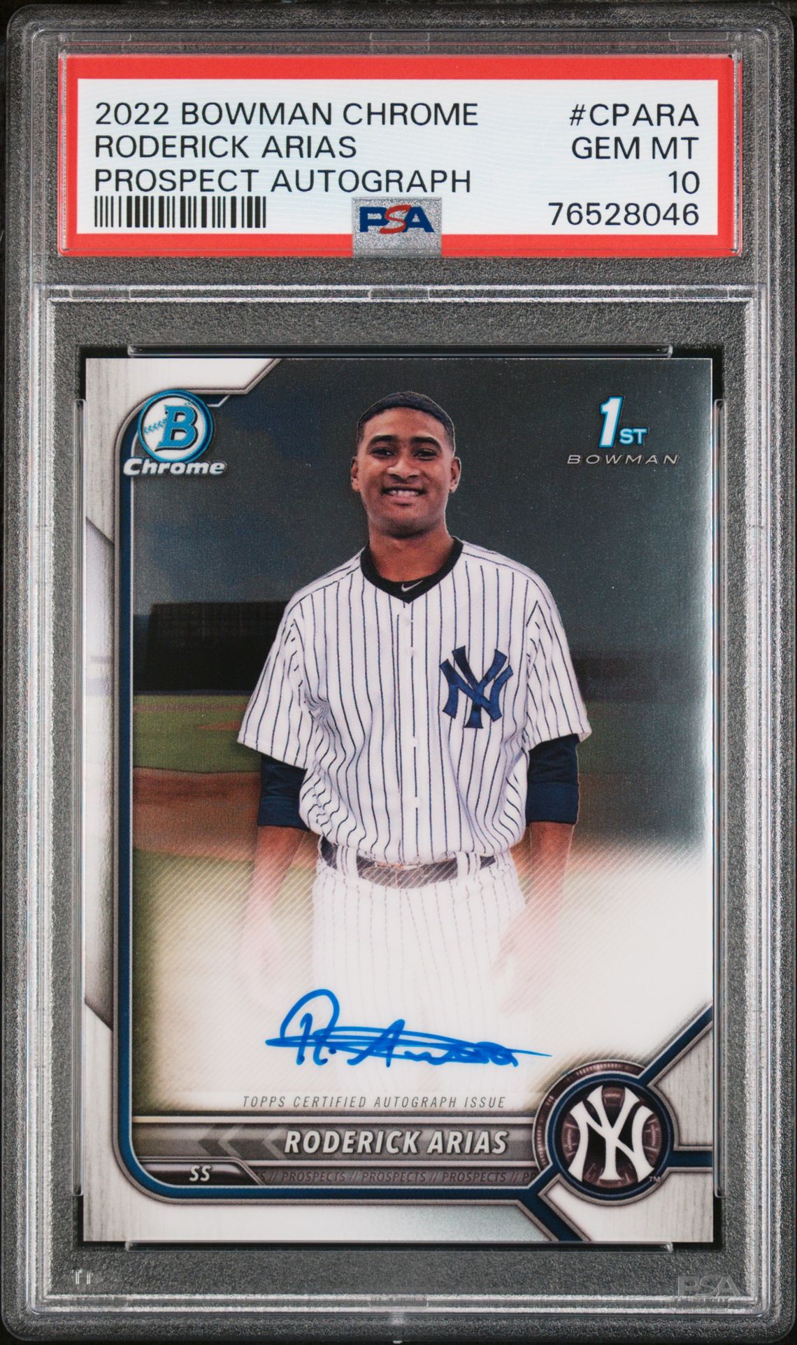 2022 Bowman Chrome Prospect Autographs Roderick Arias #Cpara (Prospect Autograph) Gem Mt 10 front