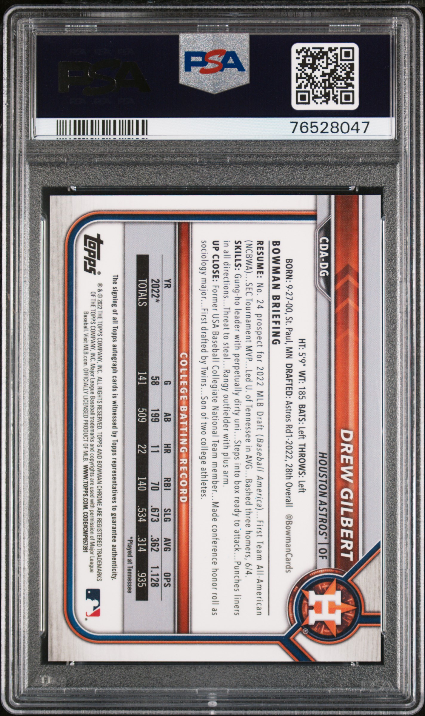 2022 Bowman Draft Chrome Draft Pick Autographs Drew Gilbert #Cdadg (Chrome Draft Pick Auto.) Gem Mt 10 back