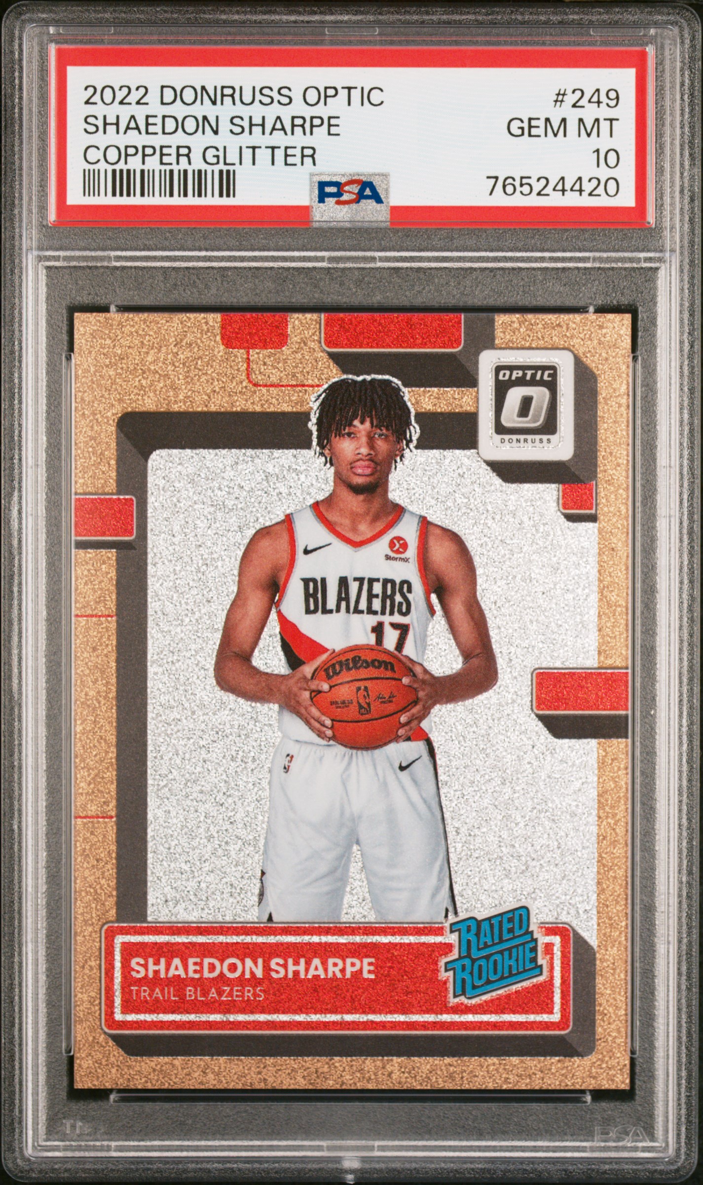 2022-23 Panini Donruss Optic Copper Glitter Rated Rookie #249 Shaedon Sharpe Rookie Card (#54/99) – PSA GEM MT 10