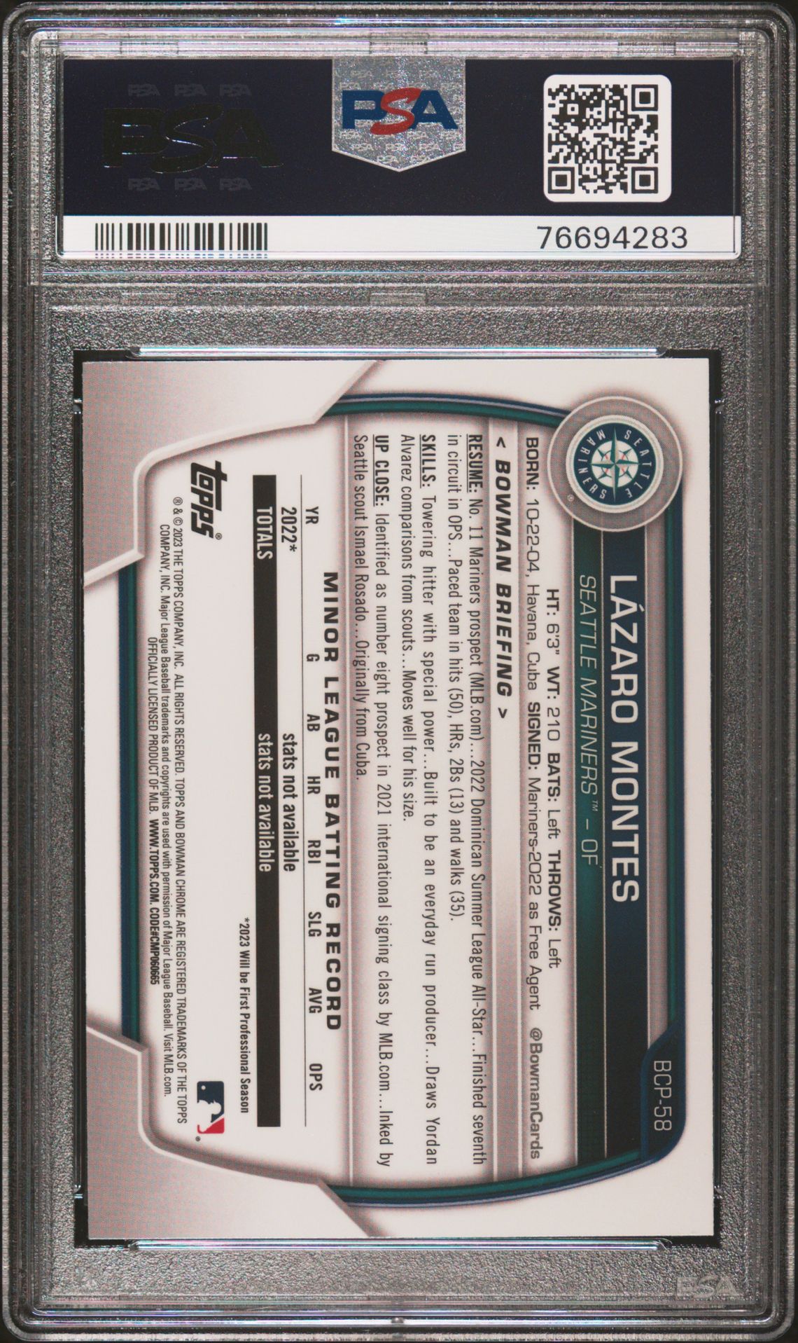 2023 Bowman Chrome Prospects Lazaro Montes #Bcp58 (Chrome Prospects) Gem Mt 10 back