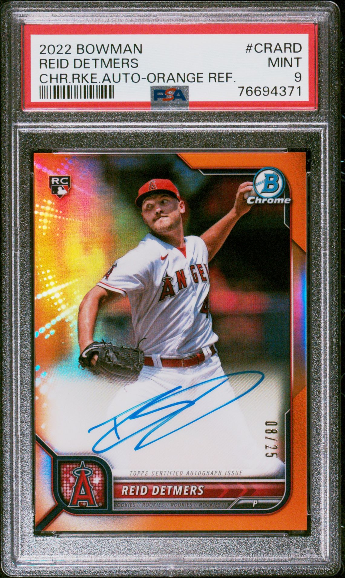 2022 Bowman Chrome Rookie Autographs Reid Detmers #Crard (Chr.rke.auto-Orange Ref.) Mint 9 front