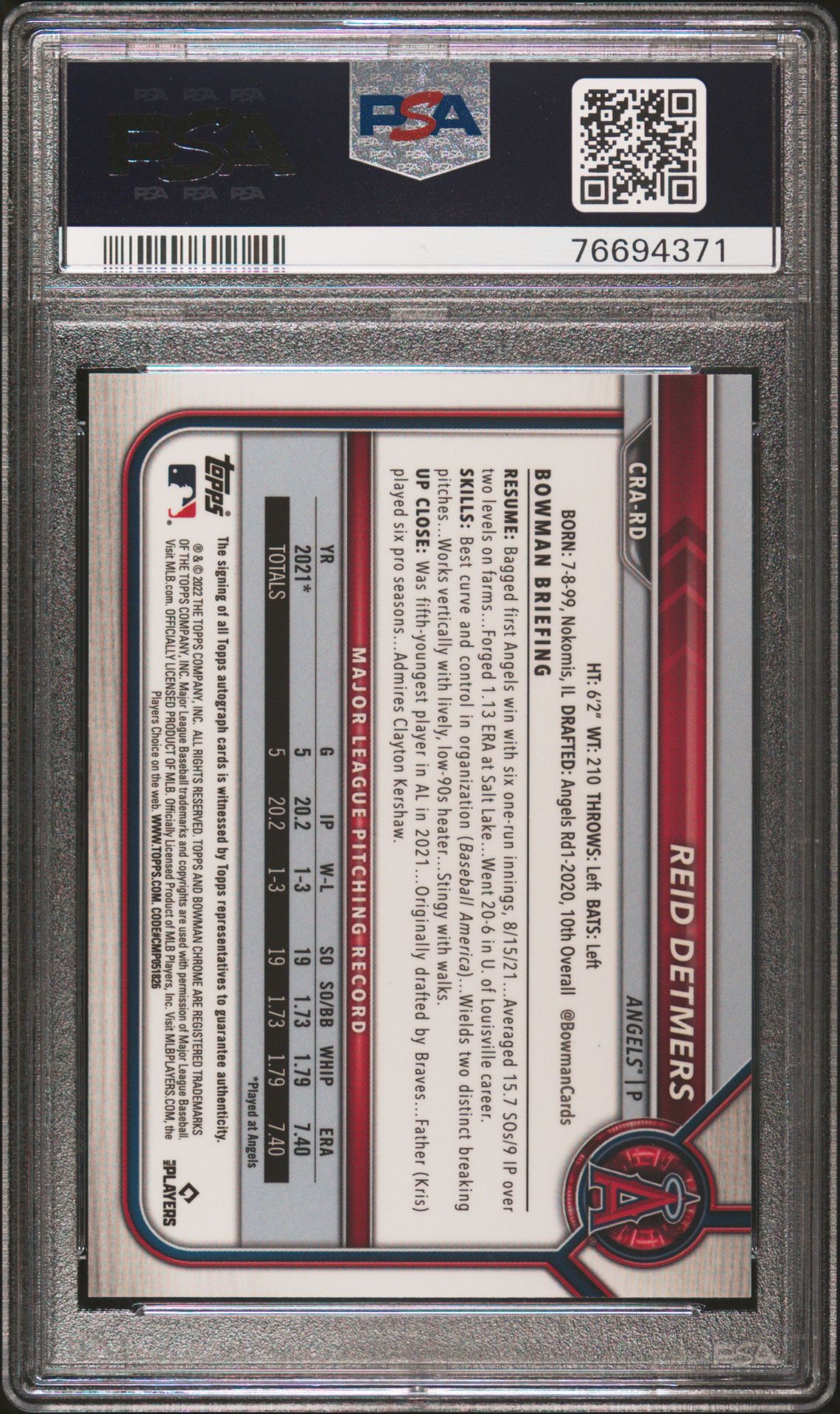 2022 Bowman Chrome Rookie Autographs Reid Detmers #Crard (Chr.rke.auto-Orange Ref.) Mint 9 back