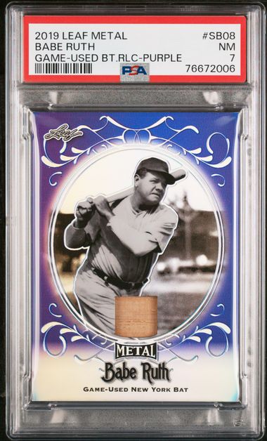 2019 Leaf Metal Babe Ruth Game-Used Bat Relics Purple #SB-08 Babe Ruth Game- Used Relic Card (#3/7) - Jersey Number - PSA NM 7 on Goldin Auctions