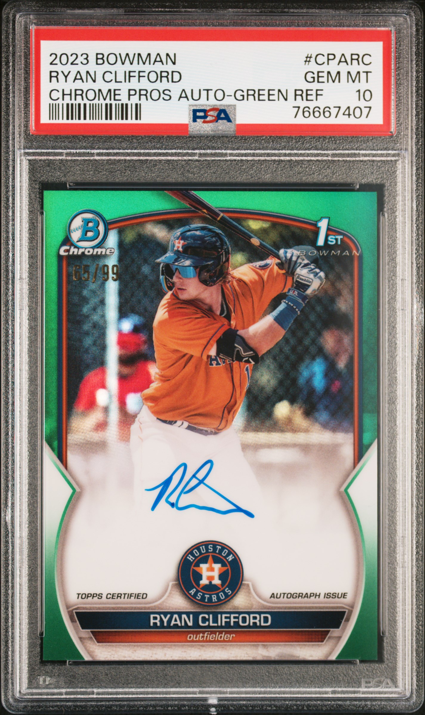 2023 Bowman Chrome Prospect Autographs Green Refractor #CPA-RC Ryan Clifford Signed Rookie Card (#65/99) - PSA GEM MT 10