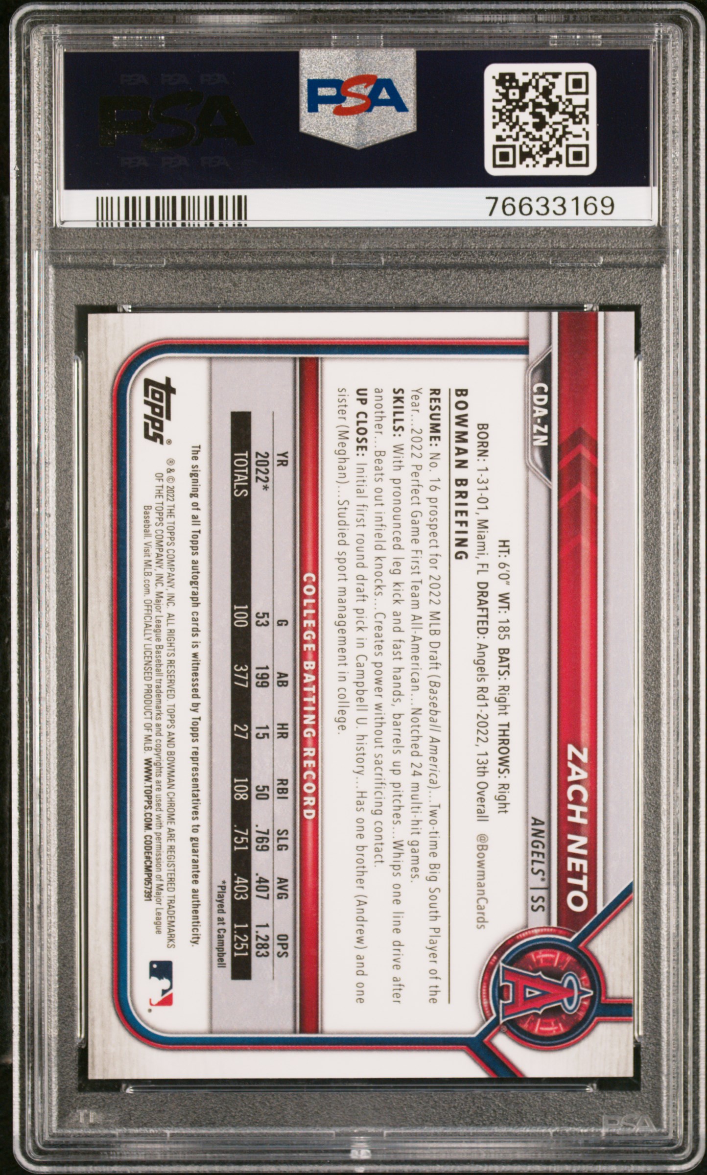 2022 Bowman Draft Chrome Draft Pick Autographs Zach Neto #Cdazn (Chrome Draft Pick Auto.) Mint 9 back