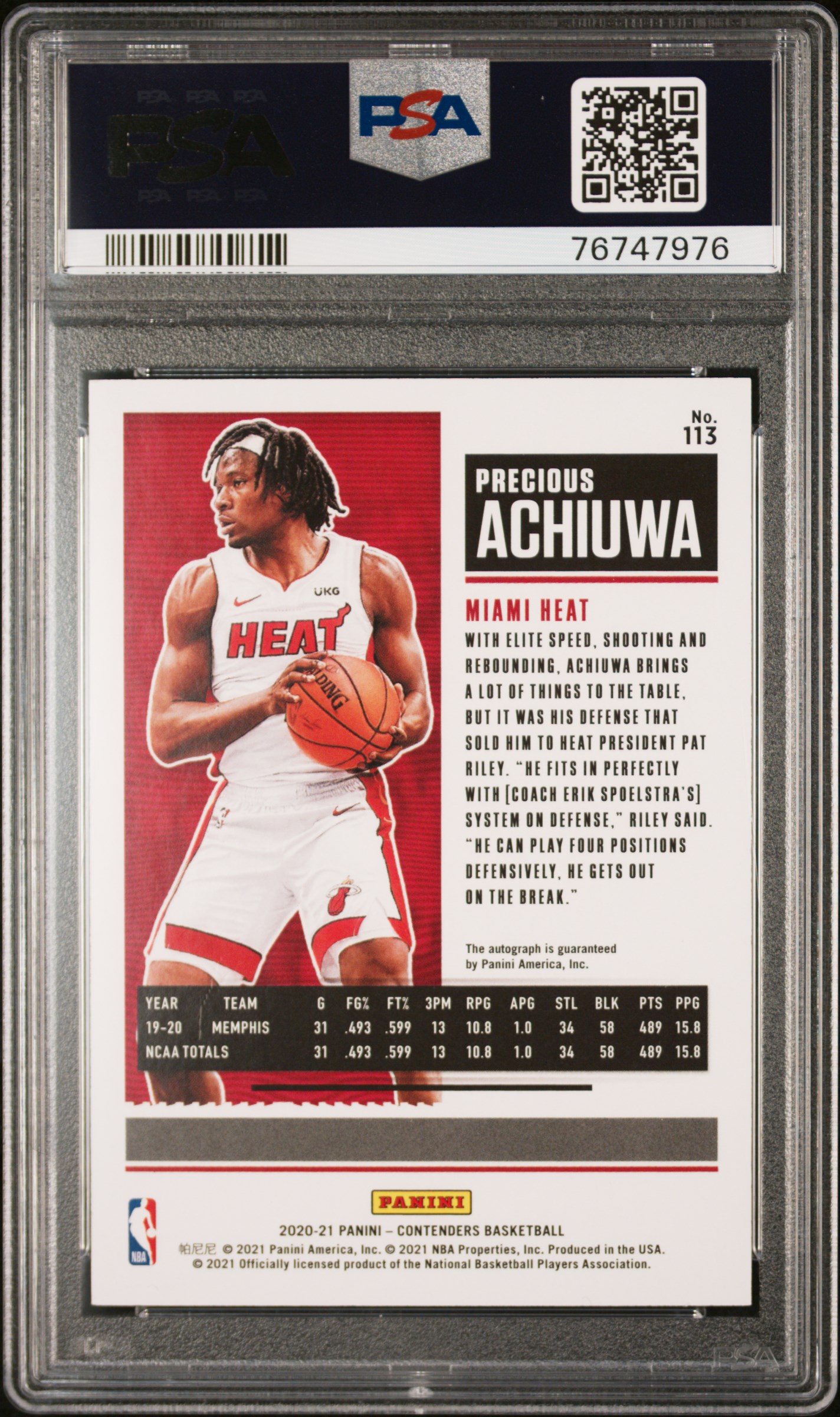 2020 Panini Contenders Precious Achiuwa #113 (Autograph) Gem Mt 10 back