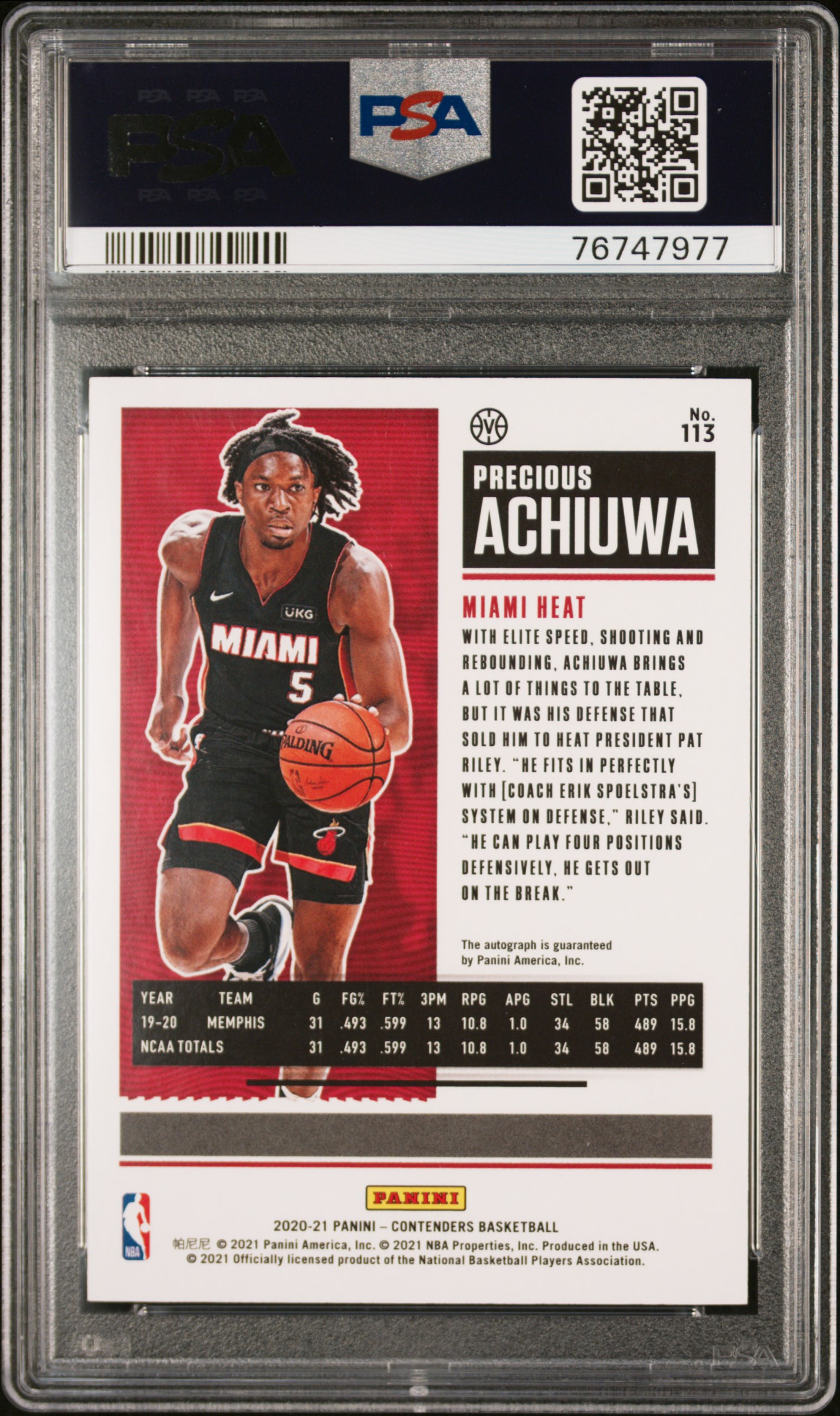 2020 Panini Contenders Precious Achiuwa #113 (Variation-Autograph) Gem Mt 10 back