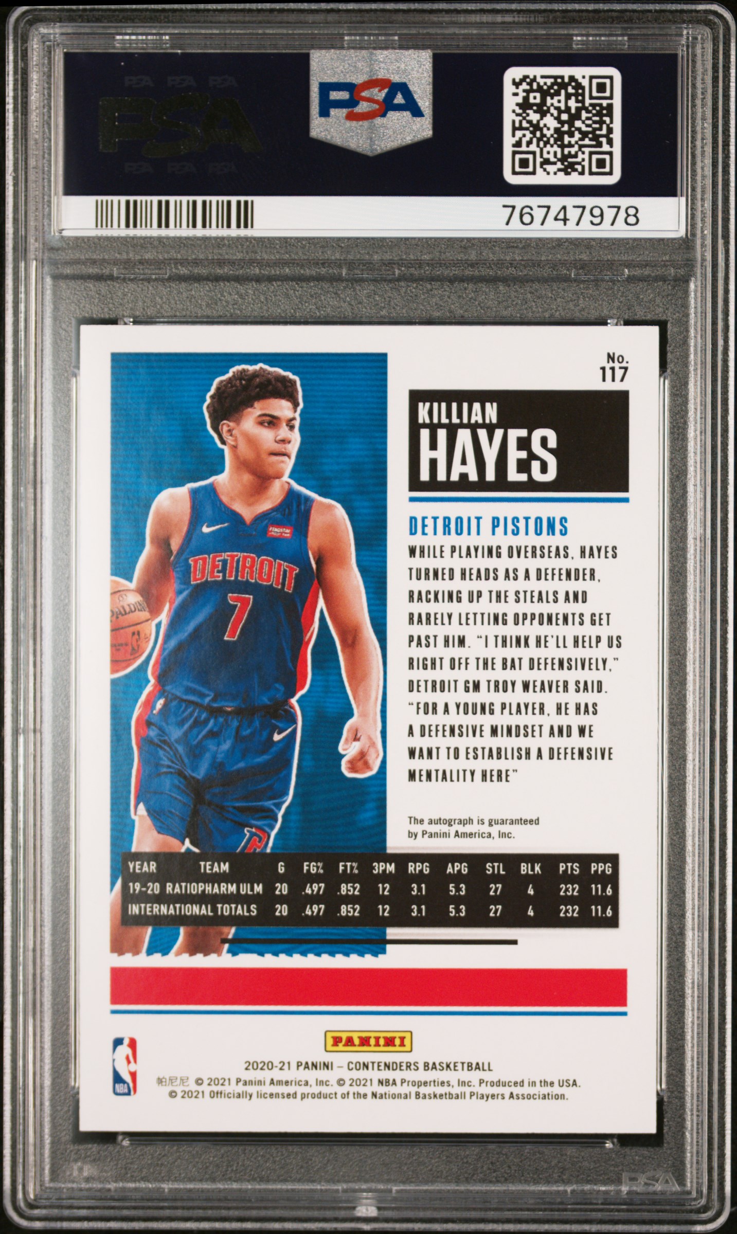 2020 Panini Contenders Killian Hayes #117 (Autograph) Gem Mt 10 back