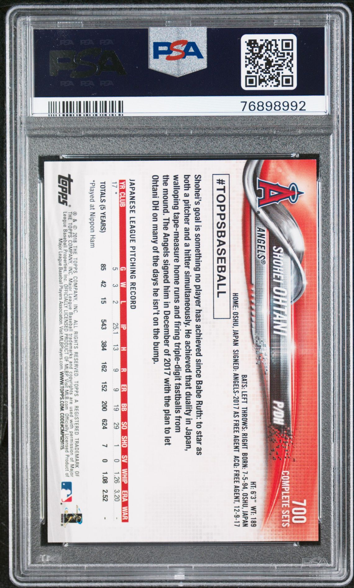 2018 Topps Complete Set Shohei Ohtani #700 (Retail) Gem Mt 10 back