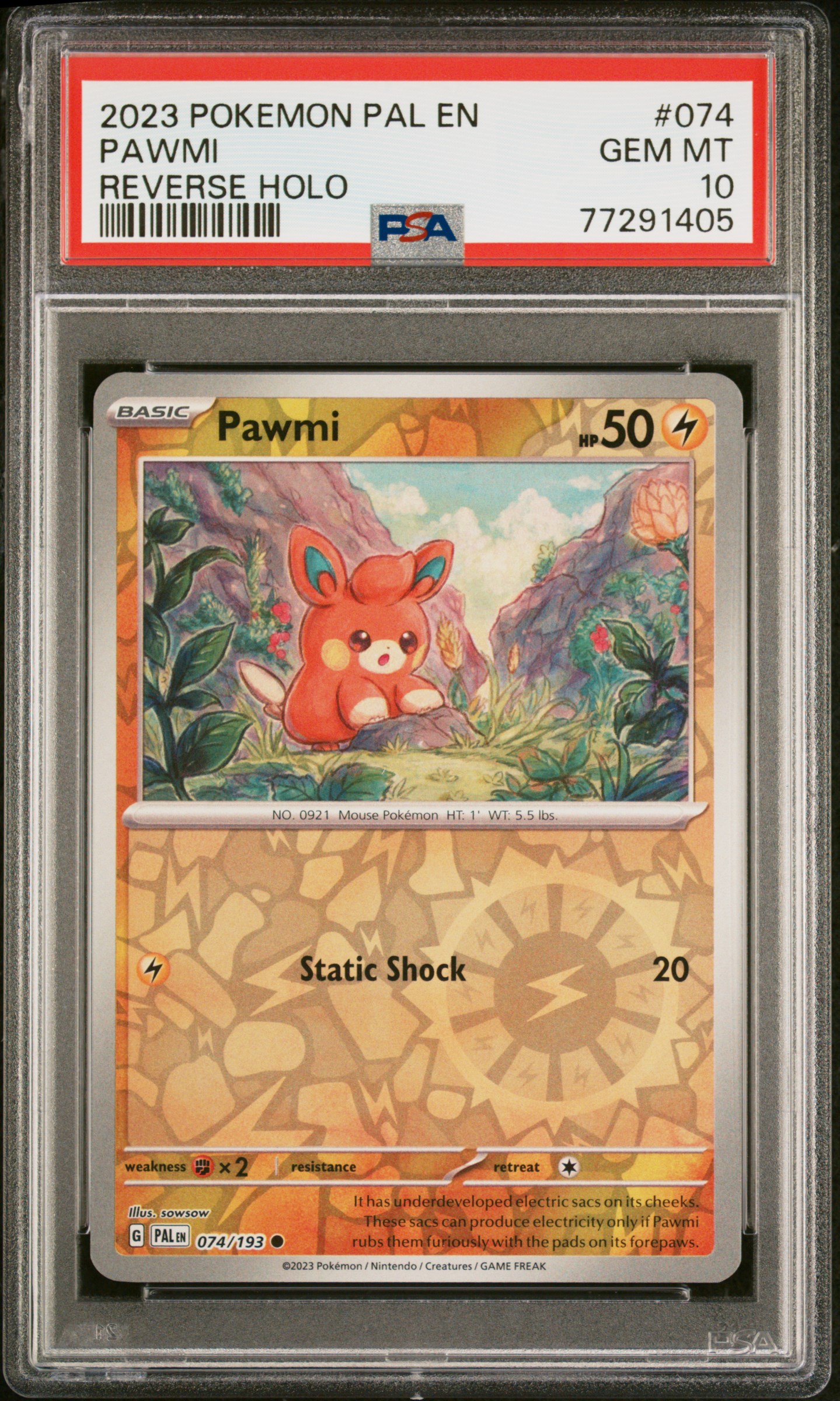 2023 Pokemon Pal En-Paldea Evolved Reverse Holo 074 Pawmi – PSA GEM MT 10