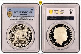 2001 $1 Kangaroo Ag-Aboriginal Design PR70DCAM
