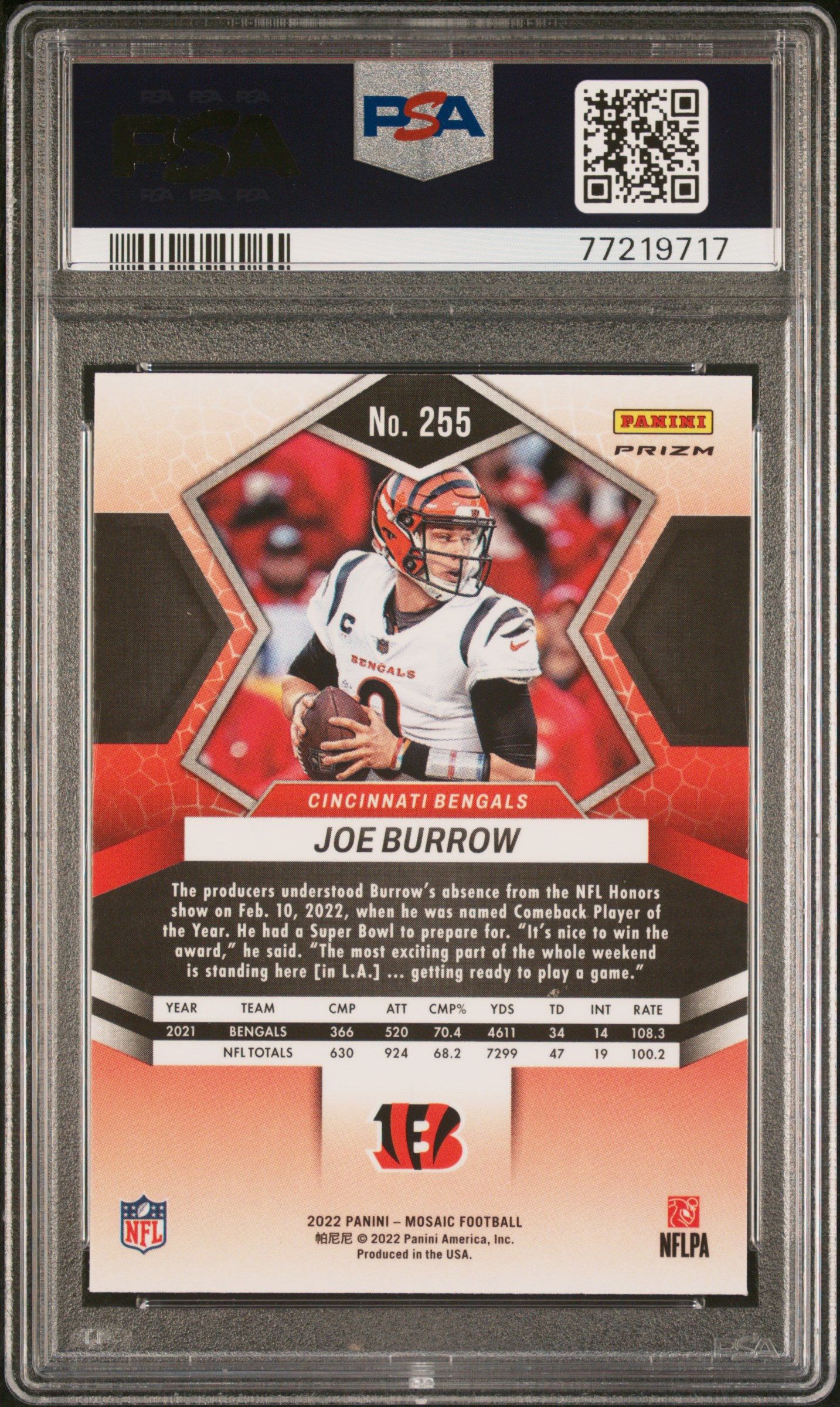 2022 Panini Mosaic Joe Burrow #255 (Blue Sparkle) Mint 9 back