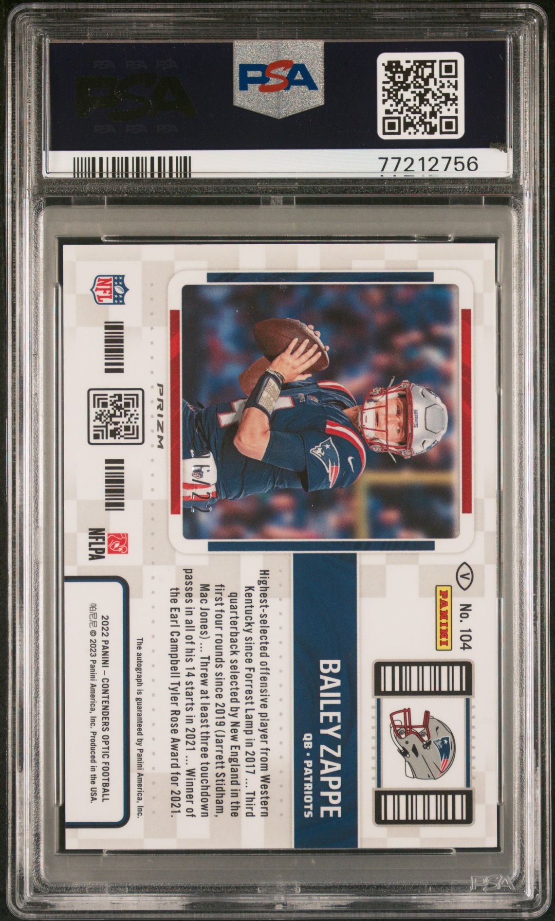 2022 Panini Contenders Optic Bailey Zappe #104 (Var-Autograph-Cracked Ice) Mint 9 back