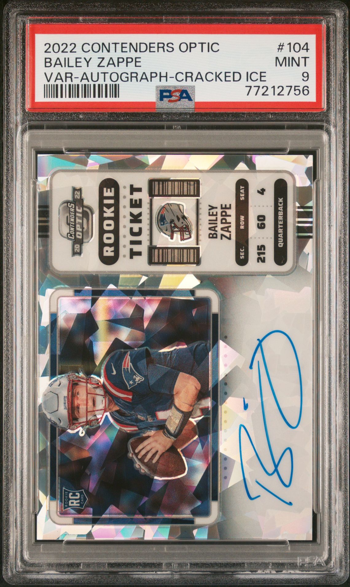 2022 Panini Contenders Optic Bailey Zappe #104 (Var-Autograph-Cracked Ice) Mint 9 front