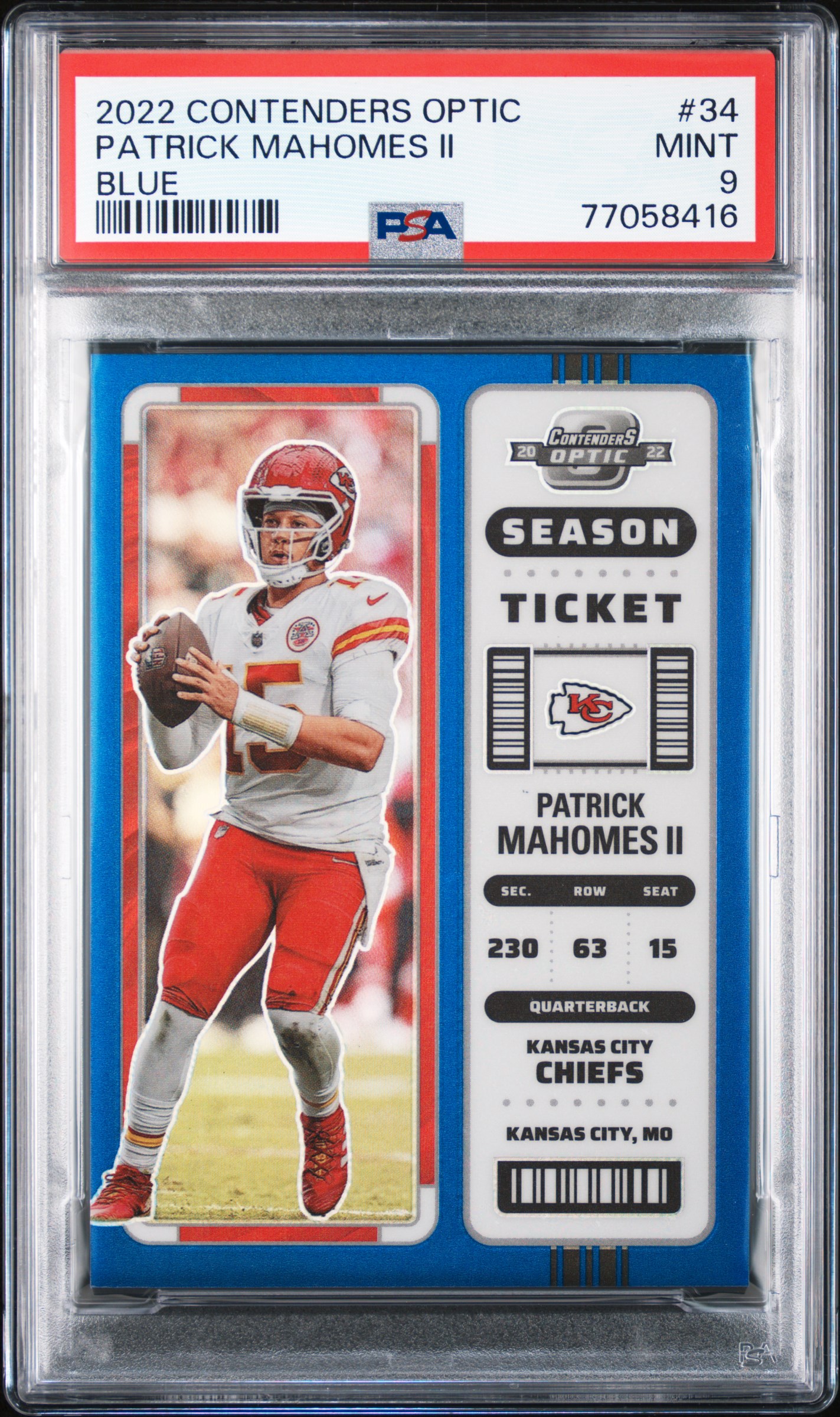 2022 Panini Contenders Optic Blue #34 Patrick Mahomes II (#20/99) – PSA MINT 9