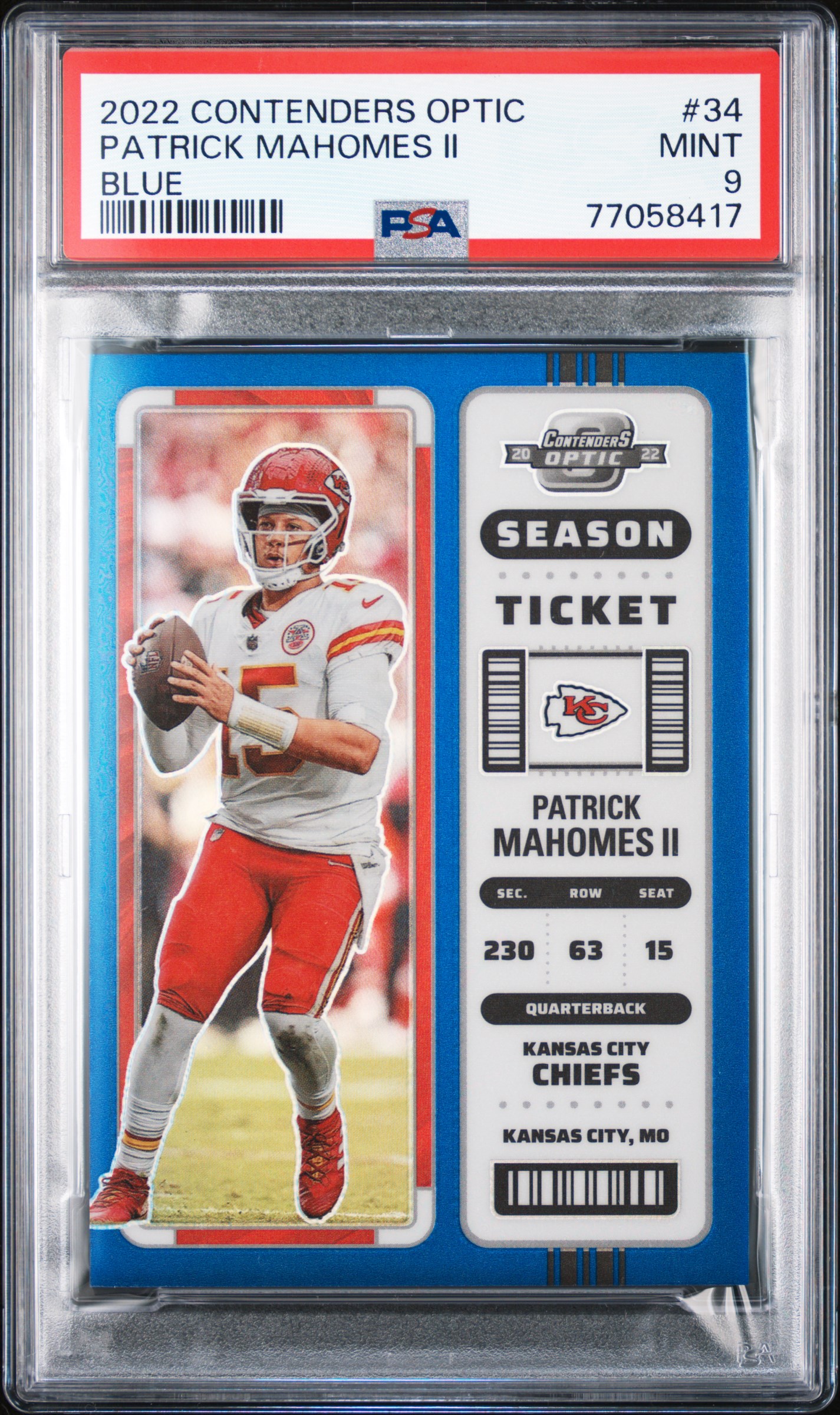 2022 Panini Contenders Optic Blue #34 Patrick Mahomes II (#22/99) – PSA MINT 9