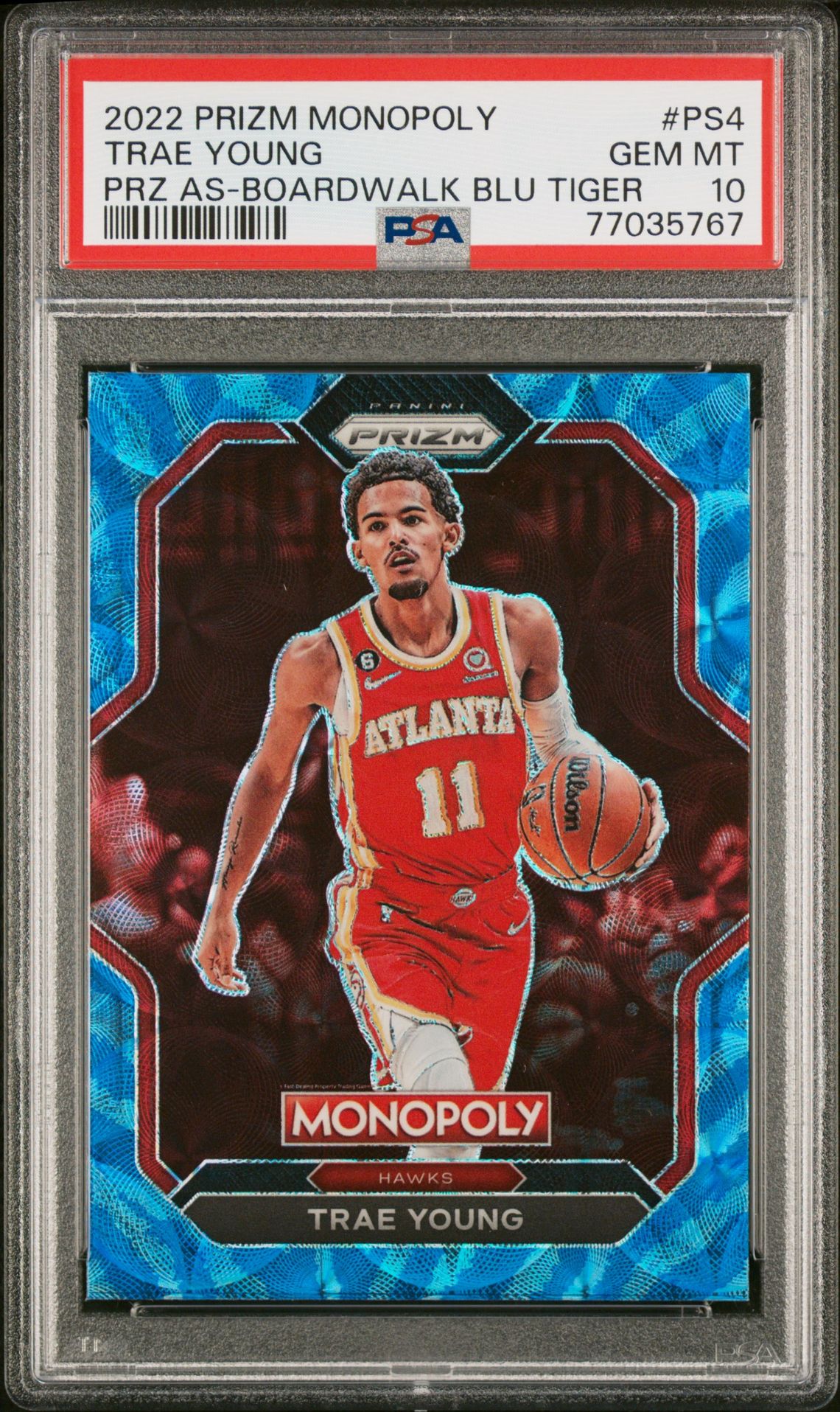 2022 Panini PANINI PRIZM MONOPOLY PRIZM ALL-STARS PRZ AS-BOARDWALK BLU TIGER #PS4 Trae Young front