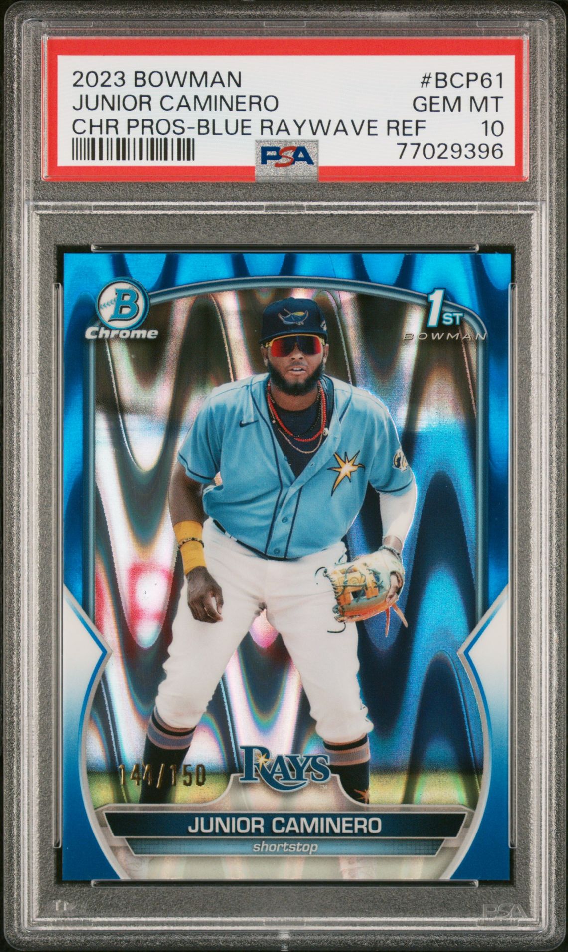 2023 Bowman BOWMAN CHROME PROSPECTS BLUE RAYWAVE #BCP61 Junior Caminero front