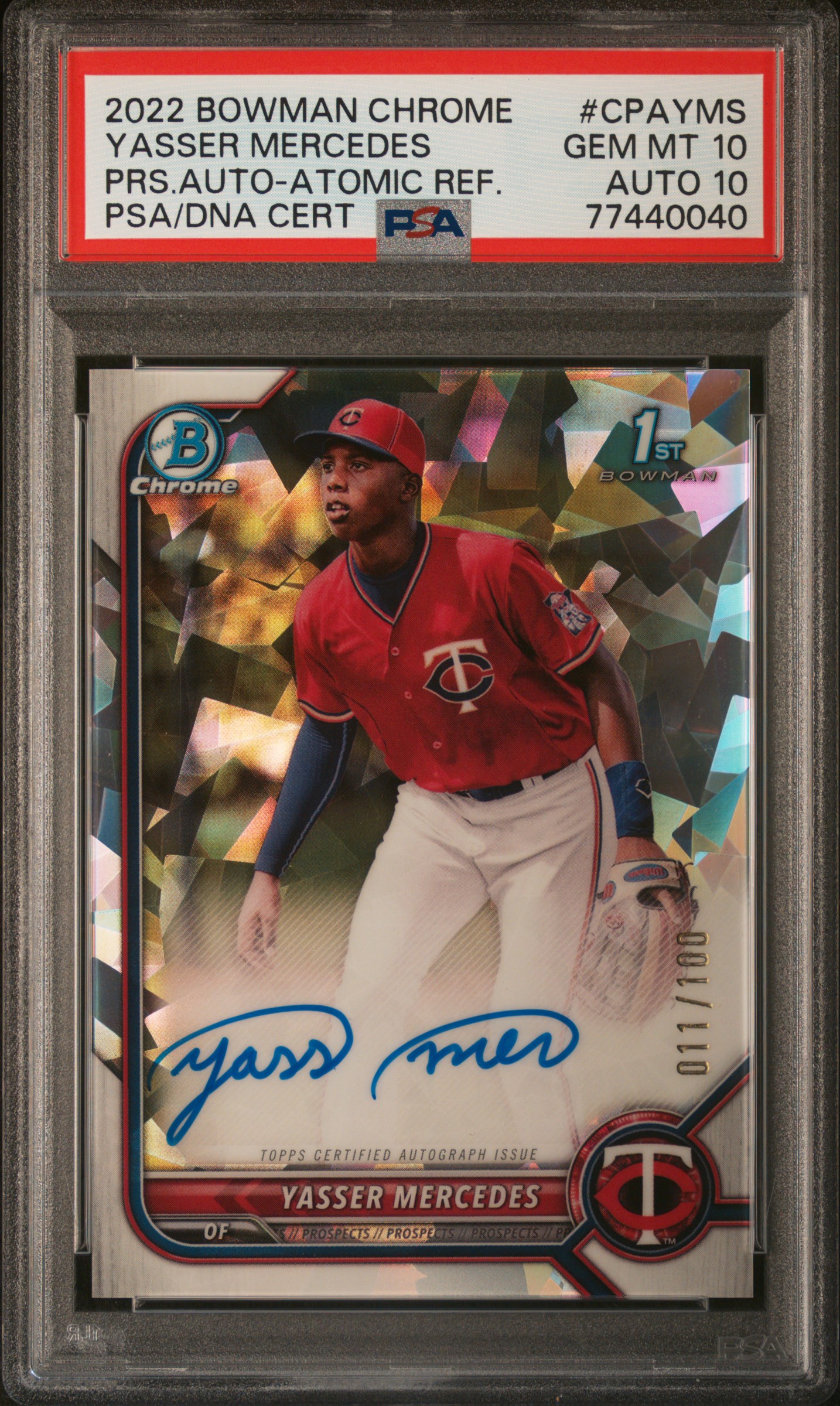 2022 Bowman Chrome Prospect Autographs Atomic Refractor #CPA-YMS Yasser Mercedes Signed Rookie Card (#011/100) - PSA GEM MT 10, PSA/DNA GEM MT 10